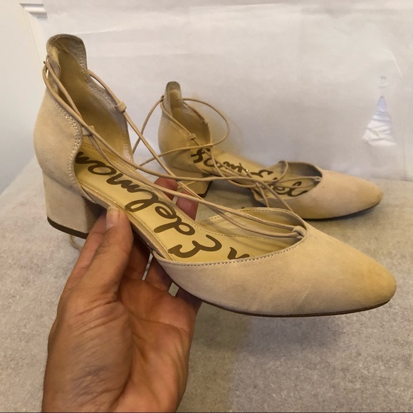 Sam Edelman Suede Leather Loretta Pumps in Natural Naked Cream lace up 6.5 - Picture 4 of 13